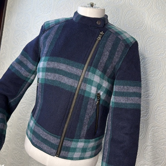 GAP | Blue & Green Plaid Short Cropped Wool Blend Moto Jacket, Size S - Picture 8 of 15